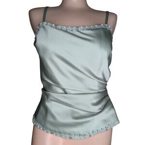 Beaded Satin Square Neck Evening‎ Top Medium Fairy Coquette Glam 90s Y2K Ruching